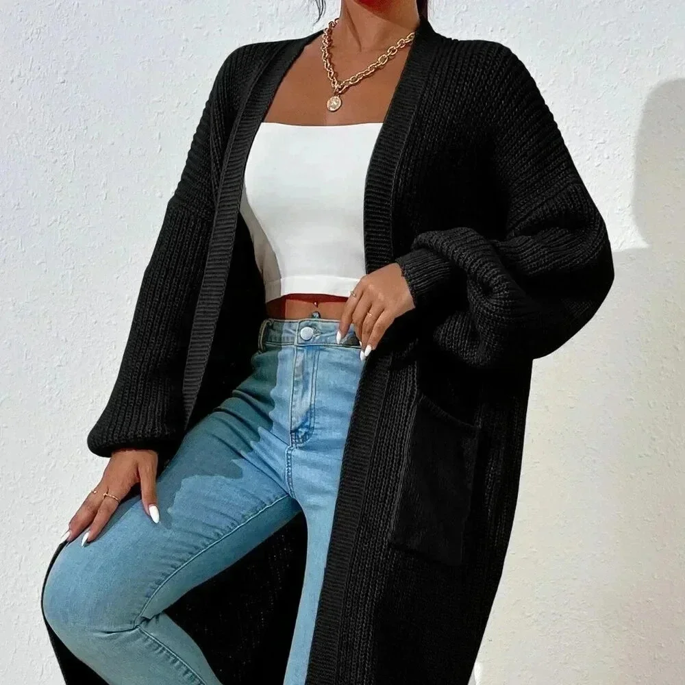 Black Casual Women's Dual Pocket Drop Shoulder Cardigan
